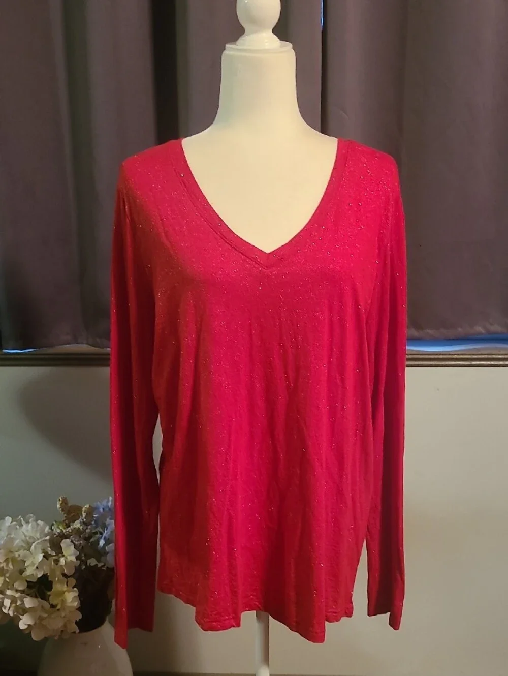 Sonoma Women's V-Neck Long Sleeve Top - Sparkly Red XL